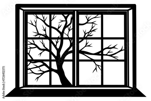Vector art of sillouette of a tree seen through a window