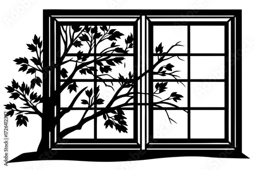 Vector art of silhouette of a tree with leaves seen through a window