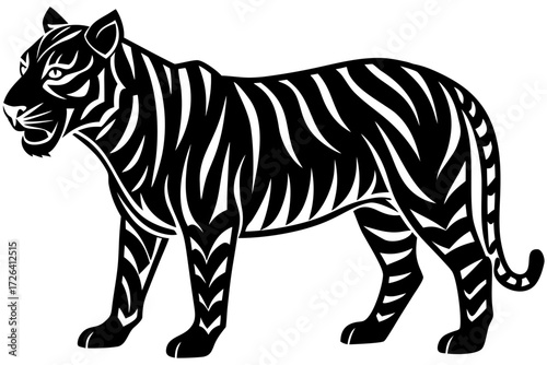 Vector art of black and white vector illustration of a tiger standing