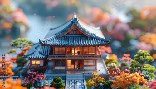 Japanese miniature building, garden and flower plants. Captured from a high angle.
