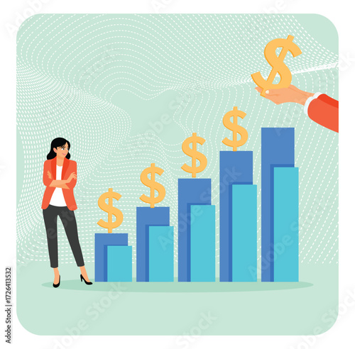 Capital gain concept. Woman put dollar sign on financial growth chart.