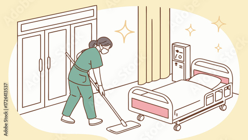 A healthcare support worker in scrubs and a face mask mops the floor of a sparkling clean hospital room.