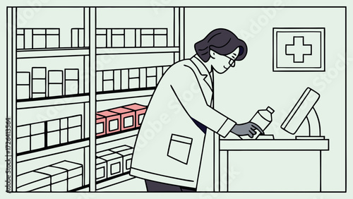 A pharmacist in a white coat stands behind a counter in a pharmacy, organizing bottles and boxes on shelves.