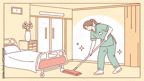 A healthcare worker or cleaner sweeping the floor in a hospital patient room, ensuring cleanliness.
