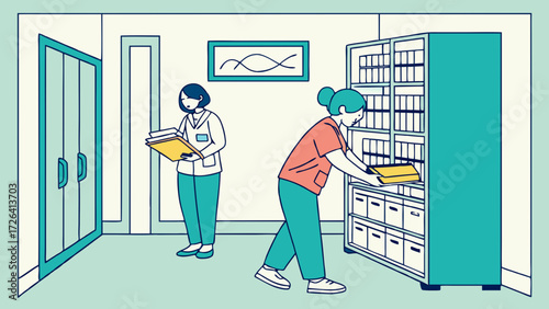 Illustration of two medical professionals in a hospital hallway.