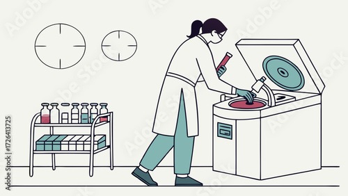Illustration of a female scientist in a lab coat placing a test tube into a centrifuge machine for medical research.