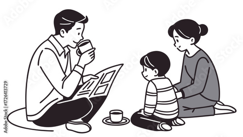A father reads a newspaper while drinking coffee, with his wife and son sitting nearby.