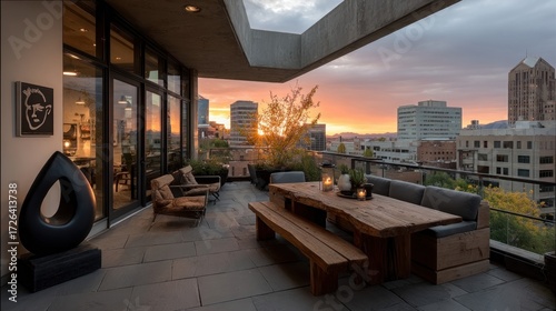 Fototapeta Naklejka Na Ścianę i Meble -  Rooftop terrace with city view and sculpture silhouette