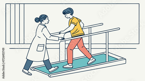 A medical professional assists a patient walking on a treadmill with parallel bars during physical therapy.