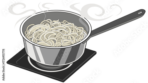 A pot of steaming noodles being cooked on a portable induction cooktop.