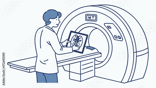 A medical professional examines a lung X-ray next to a large MRI machine in a clinical setting.