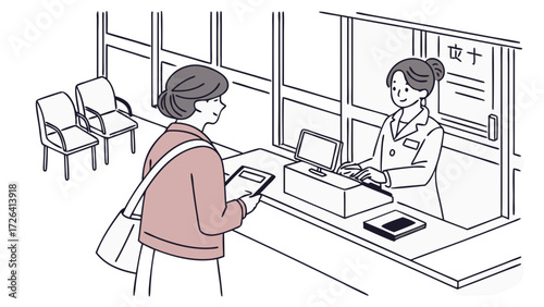 An older woman interacting with a receptionist at a medical clinic's reception desk.