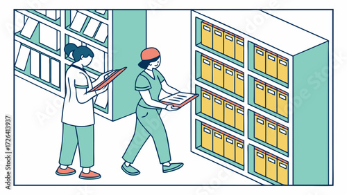 Two healthcare professionals managing patient records and files in a hospital or clinic archive.