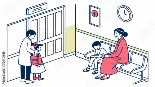 A doctor escorts a young girl with a backpack into a medical office while a mother and child wait in the reception area.