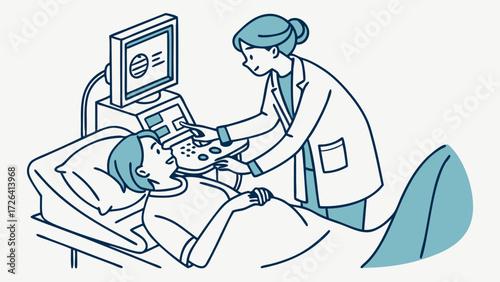 A female doctor performs an ultrasound examination on a female patient lying on a bed in a medical setting.
