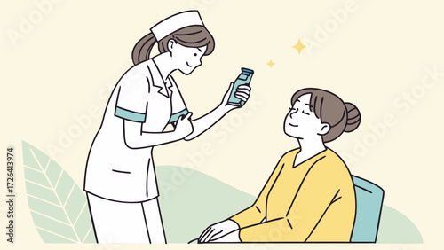 A nurse in uniform showing a medicine bottle to a seated patient, offering healthcare support.