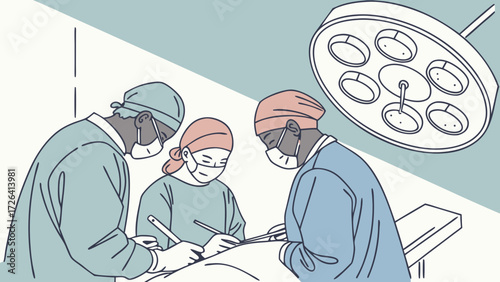 Illustration of a surgical team performing an operation under bright lights.