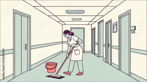 A hospital hallway scene depicting a cleaning lady mopping the floor diligently.