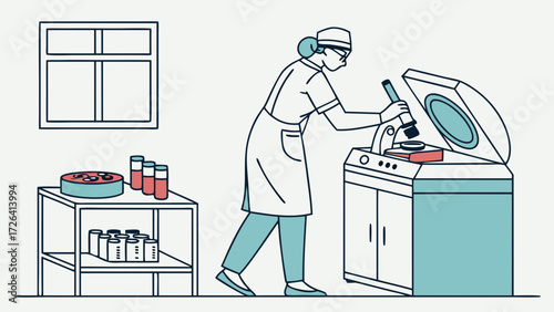 A female scientist in a laboratory coat and glasses working with a microscope and test tubes.