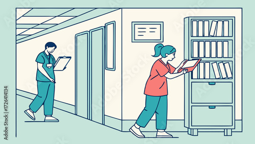 Two medical professionals in a hospital hallway, one reviewing files, the other looking at documents.
