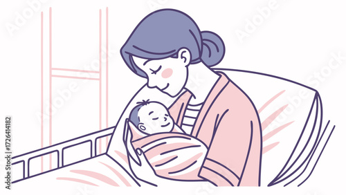 A loving new mother in a hospital bed gently holds her sleeping, swaddled newborn baby.