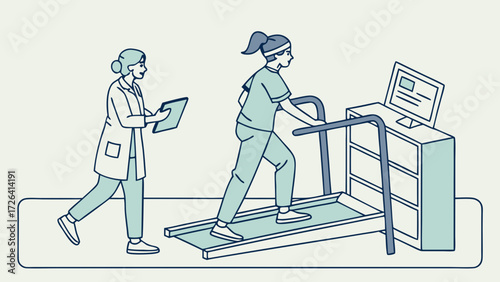 Woman on treadmill undergoing stress test with doctor monitoring.