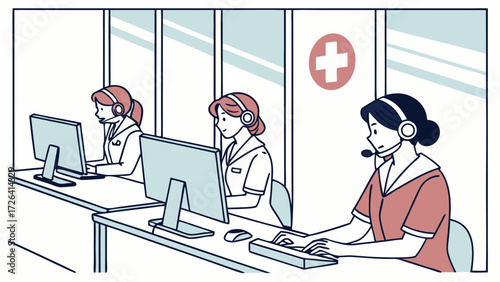 Three women wearing headsets working at computers, assisting patients in a medical environment.