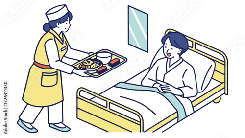 A nurse in a yellow uniform serves a meal to a patient in a hospital bed.