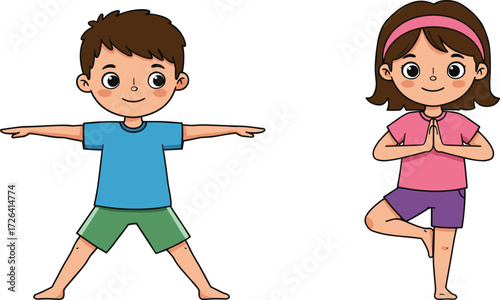 Children doing yoga, cartoon kids, mindfulness activity, Warrior pose, Tree pose, vector art, healthy lifestyle, editable design, balance, calm expression