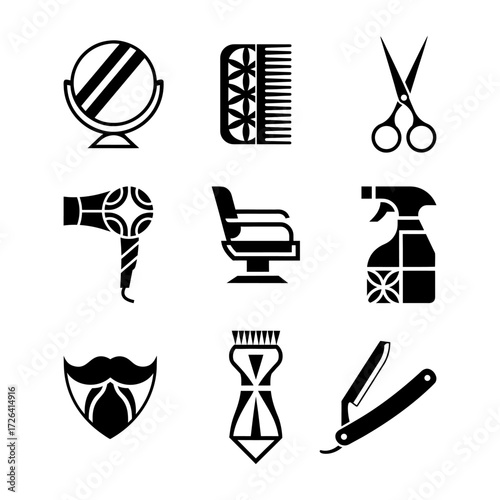 A set of 9 minimalistic black and white line icons representing essential barbershop tools and symbols.