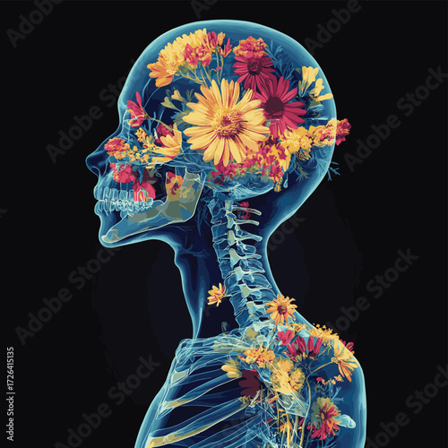 Radiografia de zoom a la parte superior del cuello y vista lateral translucida del craneo. Delicadas flores florales de colores dentro del craneo , vector style simple color
