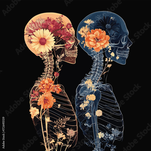 Radiografia de zoom a la parte superior del cuello y vista lateral translucida del craneo. Delicadas flores florales de colores dentro del craneo , vector style simple color