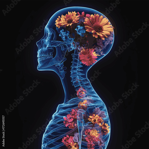 Radiografia de zoom a la parte superior del cuello y vista lateral translucida del craneo. Delicadas flores florales de colores dentro del craneo , vector style simple color