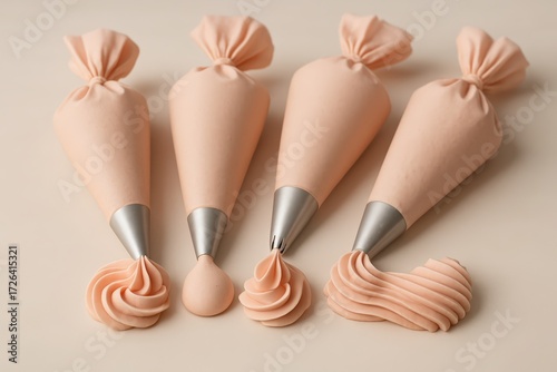Decorative Pastry Bags Filled with Pink Frosting and Swirls on Light Surface