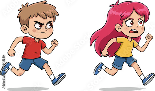 Running children, cartoon kids, energetic motion, determined expression, sports activity, vector art, editable design, playful scene, competition theme, athletic pose