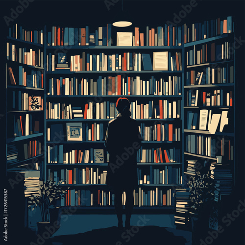 A person standing in front of a bookshelf in a dark room , vector style simple color
