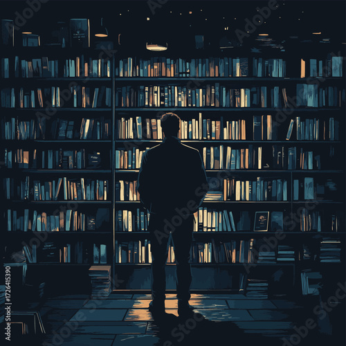 A person standing in front of a bookshelf in a dark room , vector style simple color