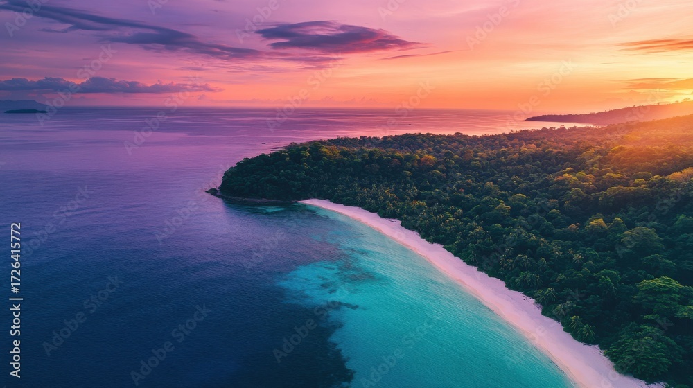 Fototapeta premium A panoramic bird's-eye view of a secluded tropical island on blurred background