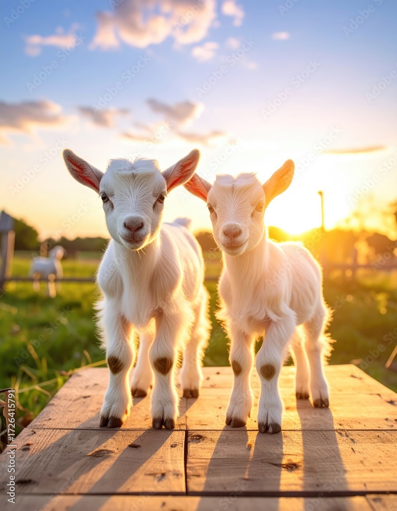 Obraz premium Two adorable baby goats on a wooden platform at sunset