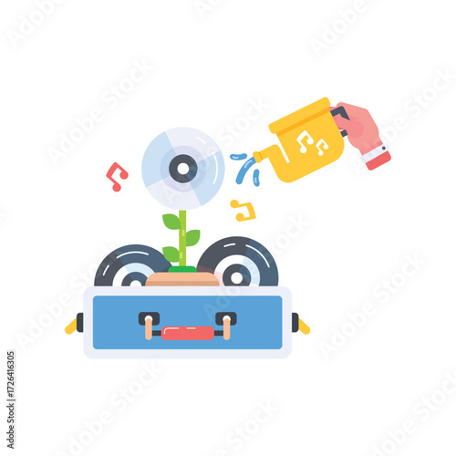 A blue rectangular robot waters a CD flower with a yellow watering can accompanied by musical notes