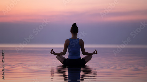 Silhouette of a woman meditating in lotus pose on calm water at sunset