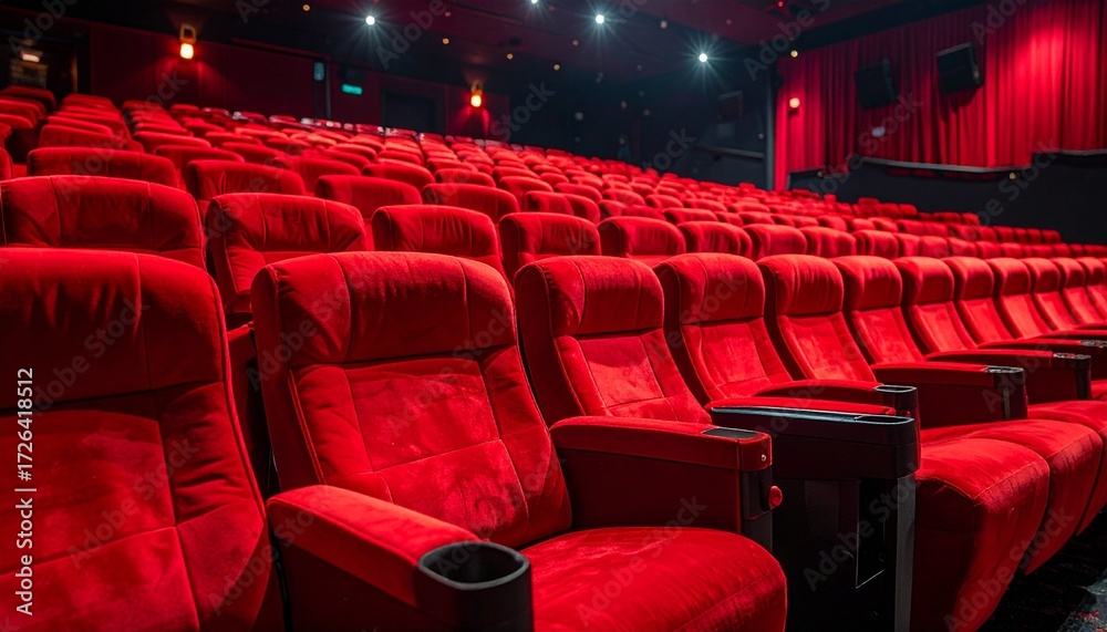 Fototapeta premium 빨간 벨벳 좌석 빈 영화관 Empty Cinema with Red Velvet Seats
