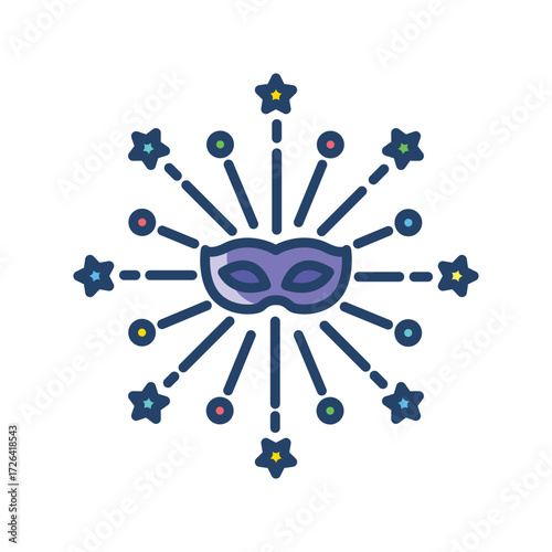 A purple mask with raylike extensions adorned with circles and stars creates a festive symbol