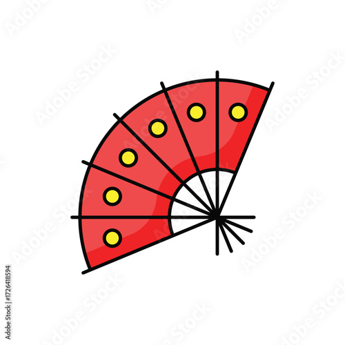A red handheld fan with yellow circles