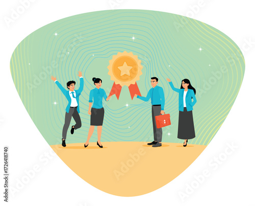 Team achievement concept. Team celebration as they receive award ribbon for achievement And success.