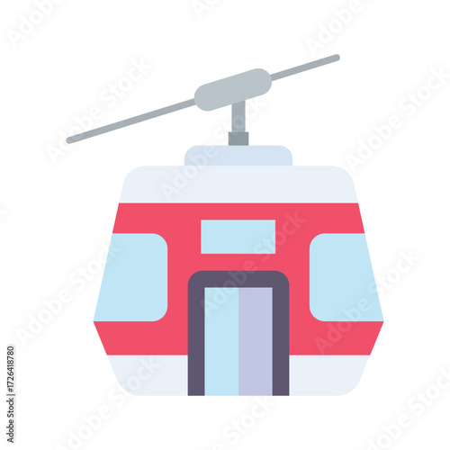 A simplified flat vector icon depicts a cable car with a red stripe light blue windows and door and a gray overhead cable system