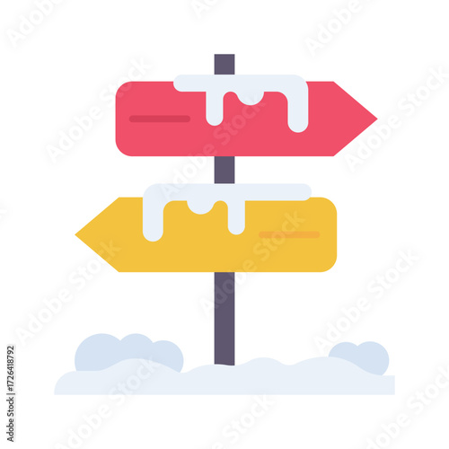 A snowy directional sign with a red arrow pointing right and a yellow arrow pointing left both partially covered in snow