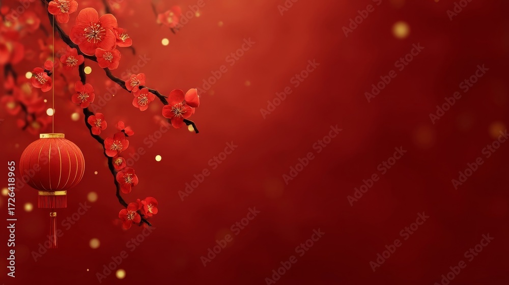 Obraz premium Traditional Chinese decorative scene with vibrant red willow blossoms, golden lantern, and festive gradient backdrop,