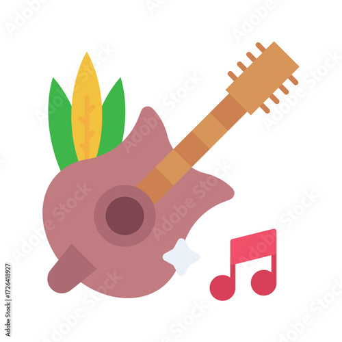 A stylized illustration shows a guitar with neck headstock body sound hole pickguard and music note graphic