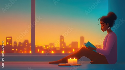 woman in a cozy room writing in a diary, her face glowing with contentment and peace, next to a candle and a book on self-development